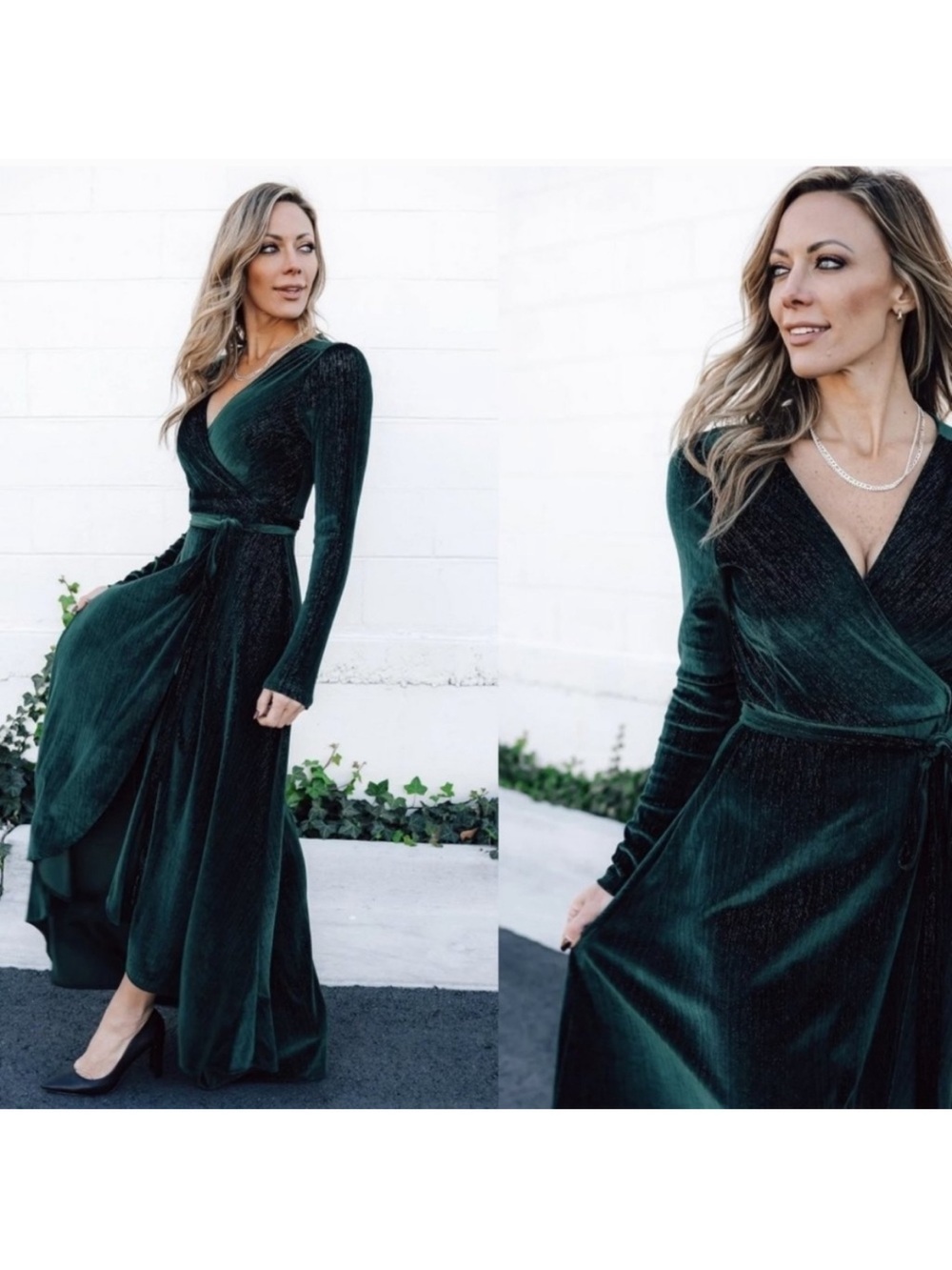 Simplee Ribbed Velvet Velour Maxi Wrap Dress Green Size Medium
